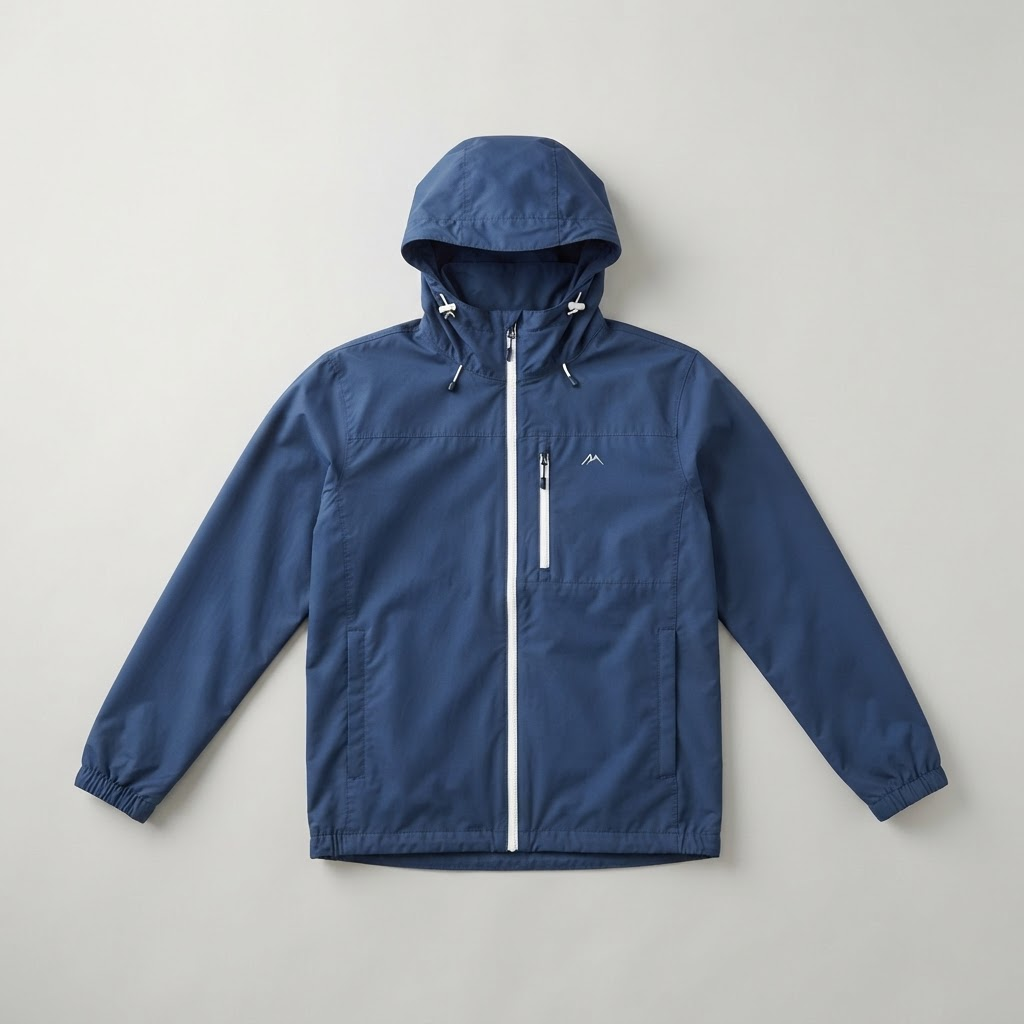 Chaqueta rompevientos azul con cierre blanco