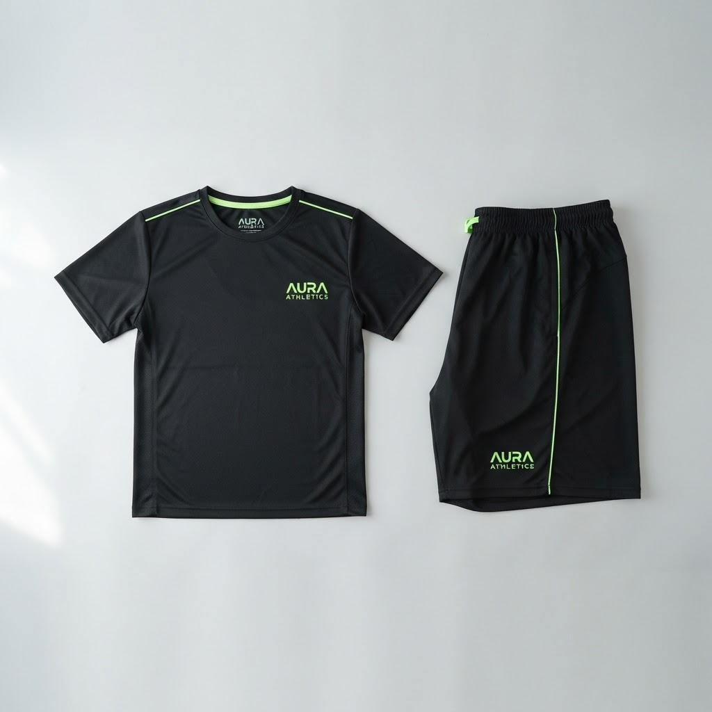 Conjunto negro dry-fit con detalles verde neón