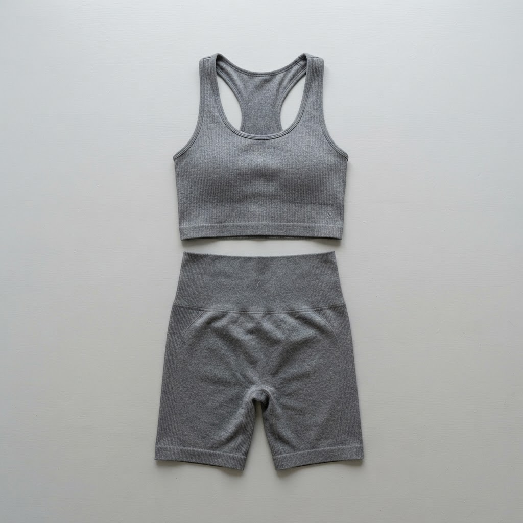 Conjunto gris de top corto y biker short para dama