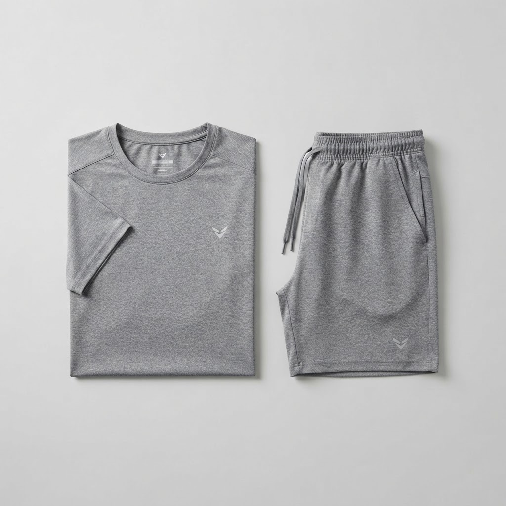 Conjunto deportivo gris de camiseta y pantaloneta