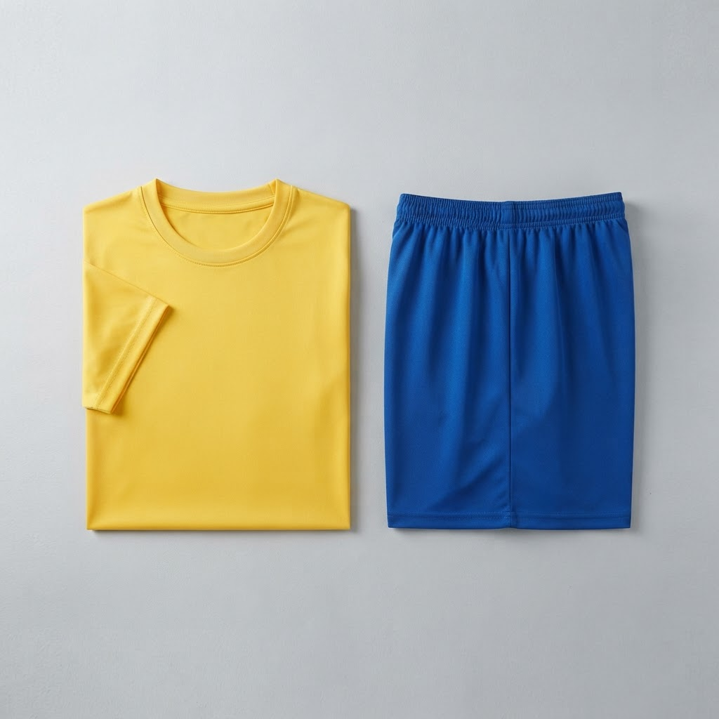 Uniforme de fútbol con camiseta amarilla y pantaloneta azul