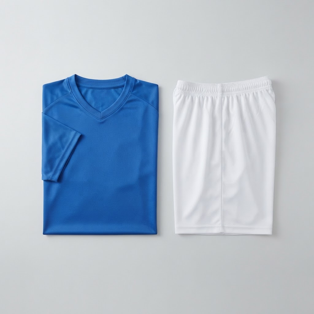 Uniforme de fútbol con camiseta azul y pantaloneta blanca