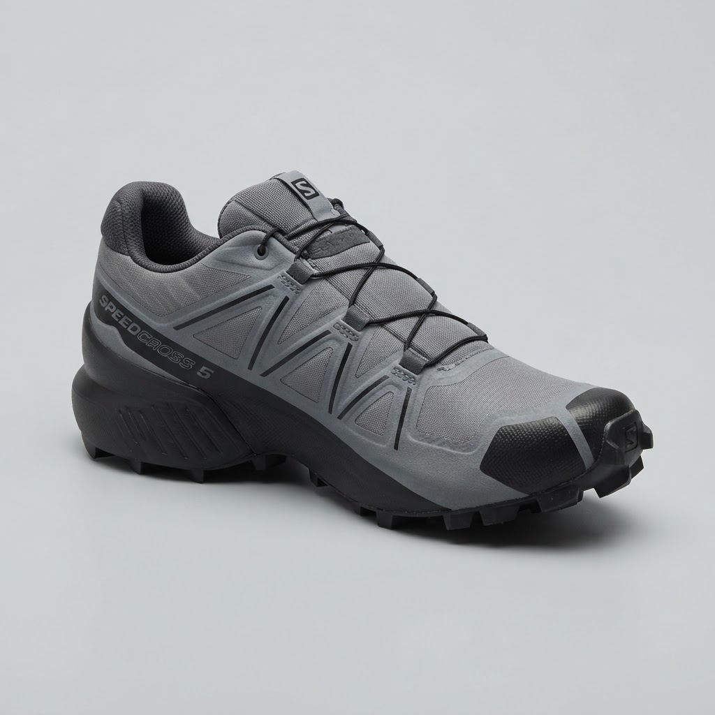 Tenis de trail grises con suela negra todoterreno